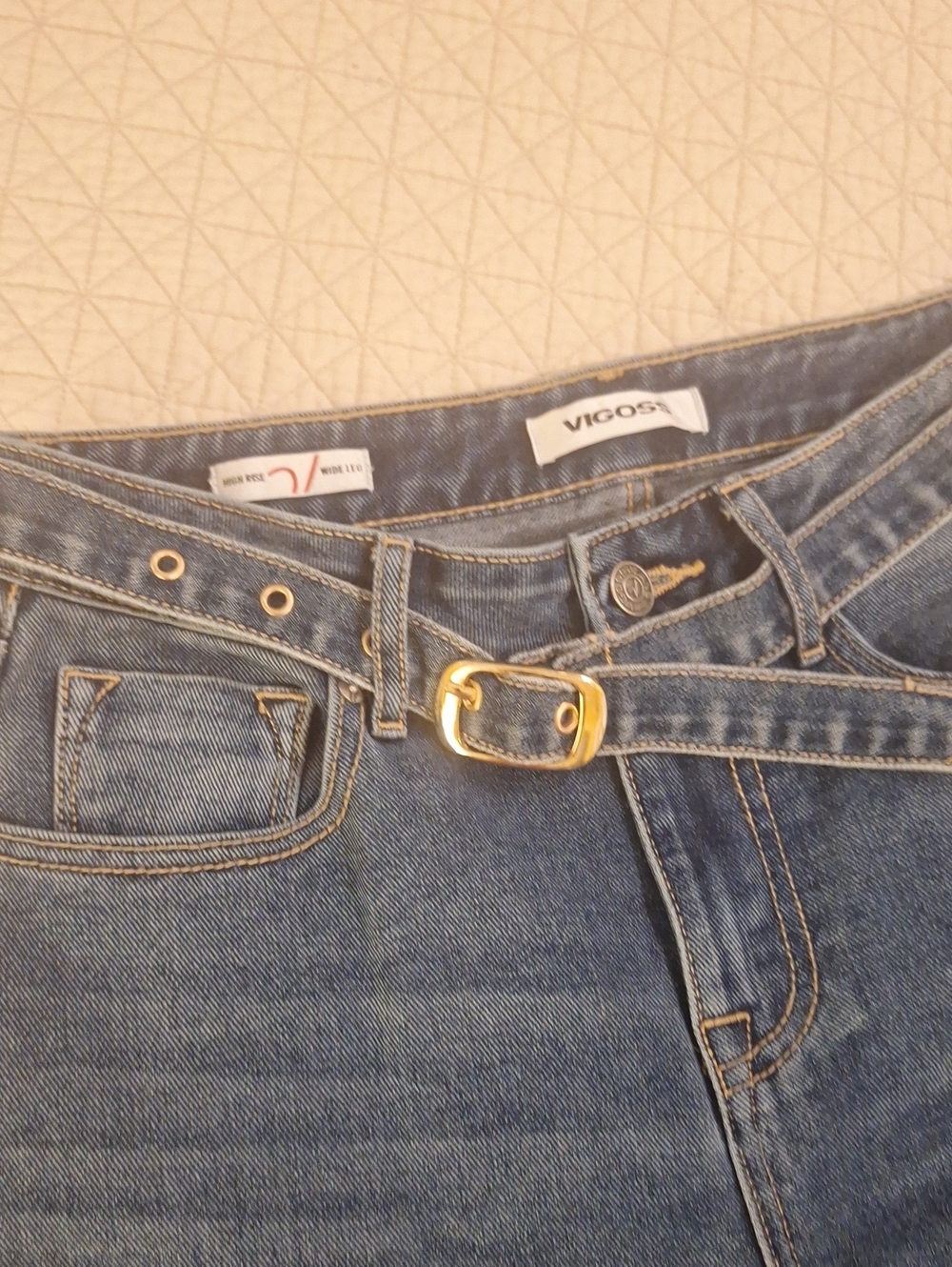 Vigoss High-Rise Blue Denim Jeans with Gold Buckle